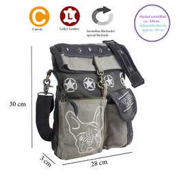 Sunsa dames schoudertas. Handtas gemaakt van canvas en leer. Schoudertas in vintagestijl. Grote crossbodytas voor dames met hondenprint grijs/zwart