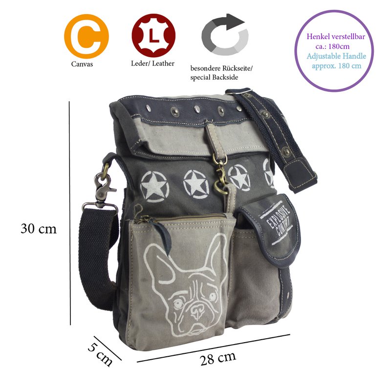 Sunsa dames schoudertas. Handtas gemaakt van canvas en leer. Schoudertas in vintagestijl. Grote crossbodytas voor dames met hondenprint grijs/zwart