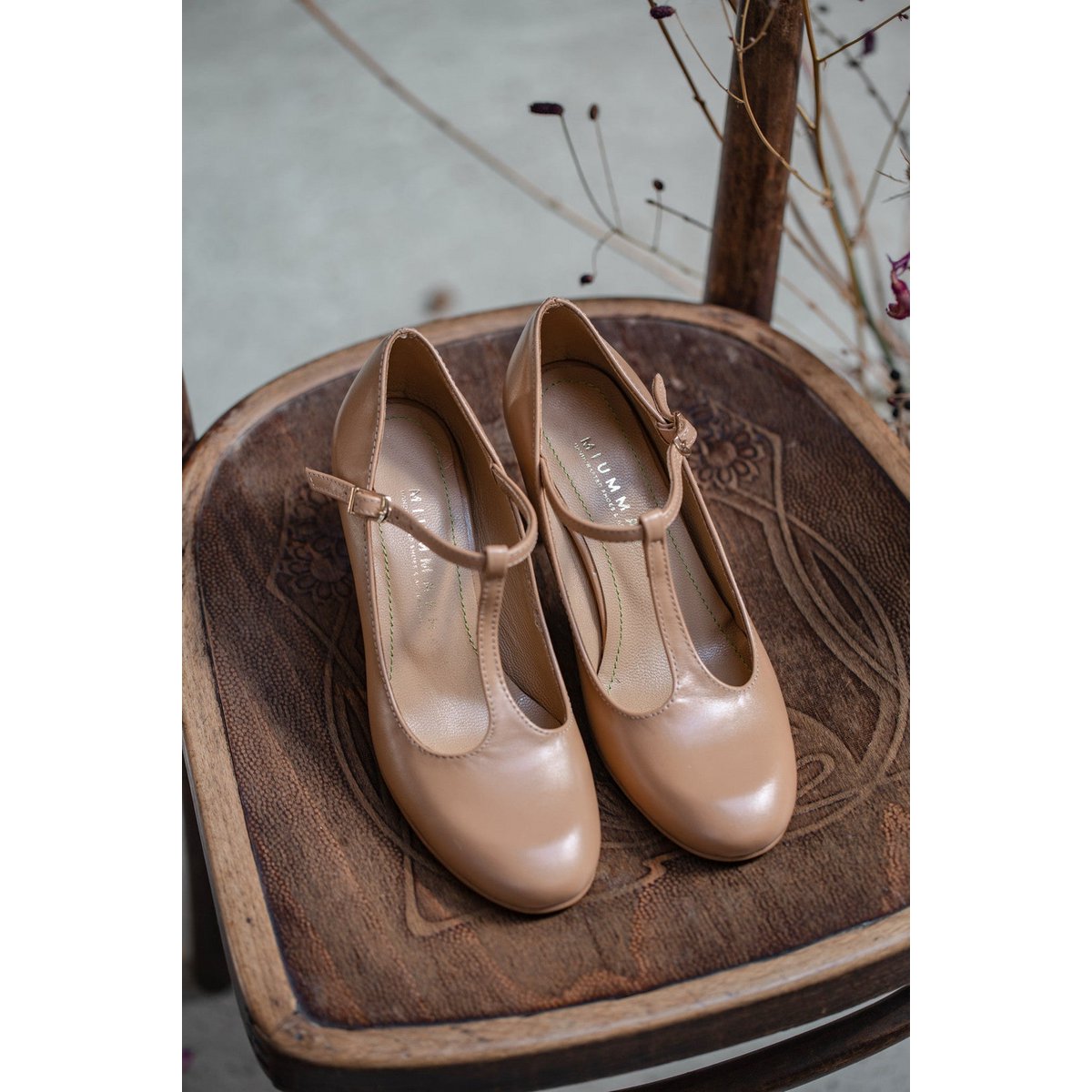 Handgemaakte Leren hakken (5,5 cm) - Astrid - Beige Vintage Schoenen 35-42
