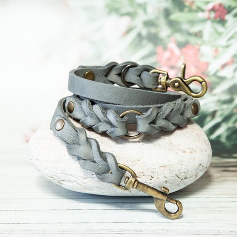 Leather dog leash | Gray | Leather leash | Length 180 cm | 2-way adjustable | Handcrafted