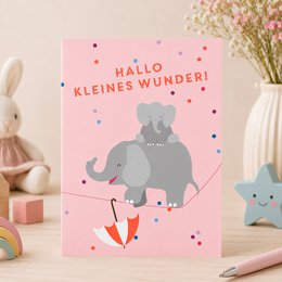Karte zur Geburt „Hallo kleines Wunder“ – Baby Karte Mädchen mit Elefanten