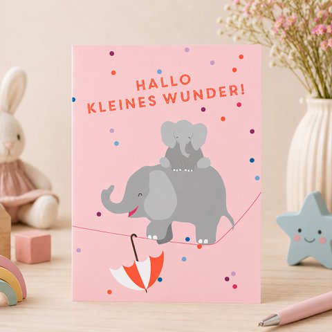 Birth card “Hello little miracle” – baby card girl with elephants