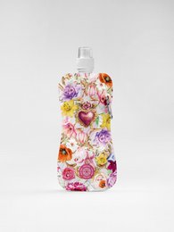 A colorful, floral-patterned water bottle made for travel. Features a variety of vibrant flowers and plants.