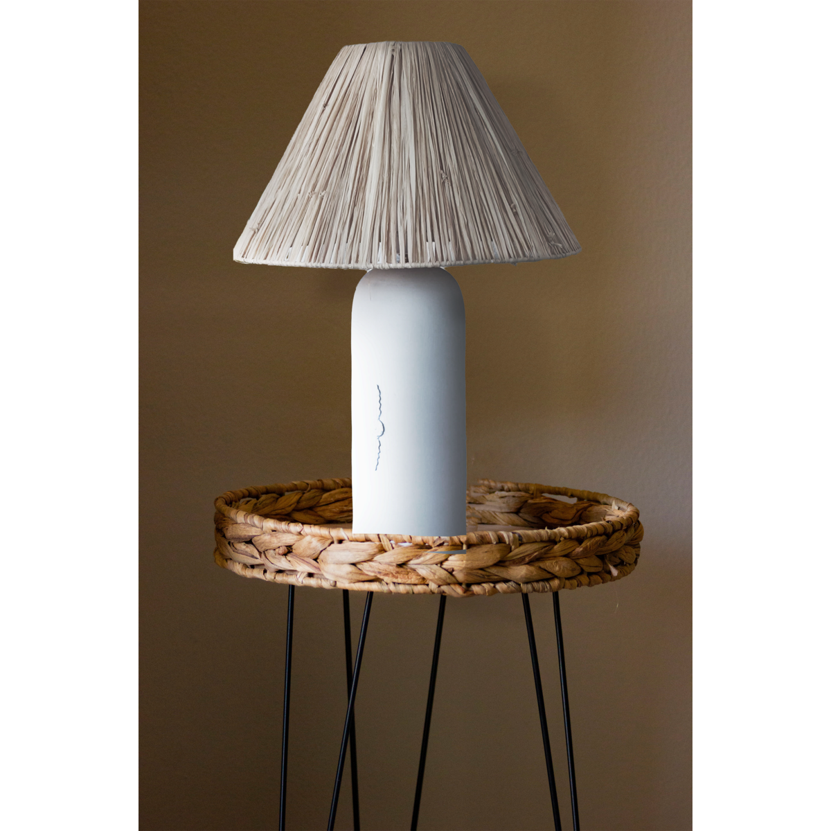 Bast und weiße Terrakotta-Tischlampe Ø (Fuß) 8x28 cm E14