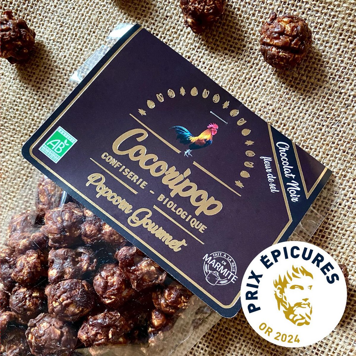Dark chocolate fleur de sel popcorn (2024 Epicures gold medal)