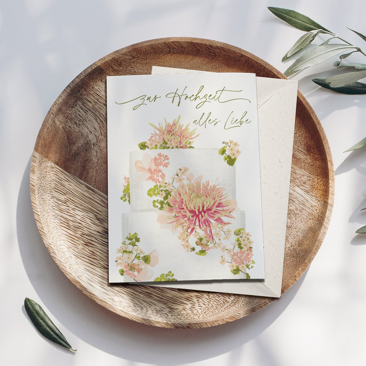 Folding card 'all the best for the wedding' cake with flowers, including envelope