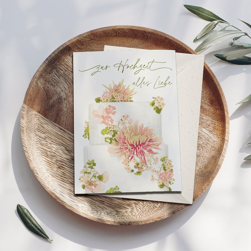 Folding card 'all the best for the wedding' cake with flowers, including envelope