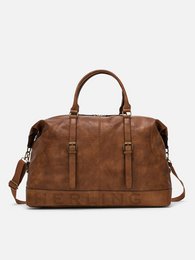 Leather travel bag in coffee brown, pewter green, and anthracite grey colors. Features a rectangular shape, dual handles, and a detachable shoulder strap for versatile carrying options.