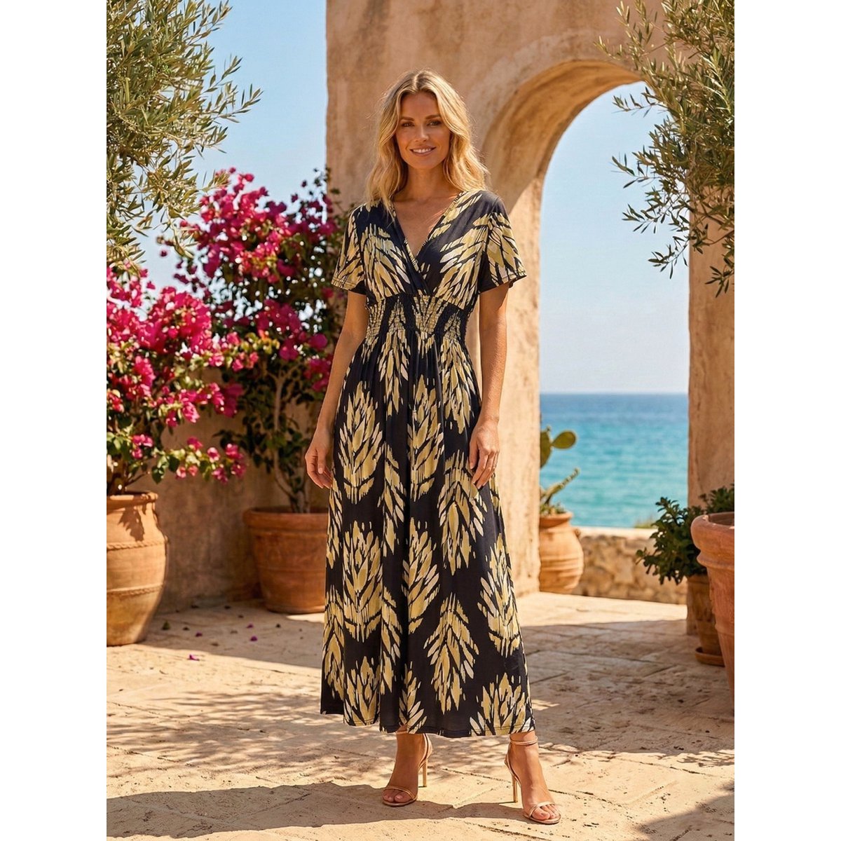 „Letnia” sukienka maxi – artystyczny nadruk Ikat i marszczenie w talii – 610-8