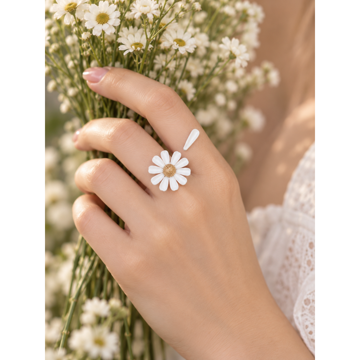 Luminous White Daisy Bloom Open Ring