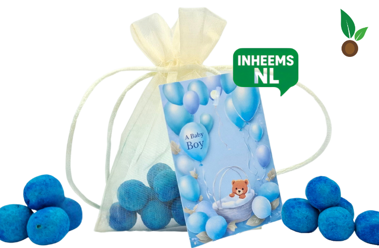 Fødselsdreng: 15 babyblå frøhulle i organza taske