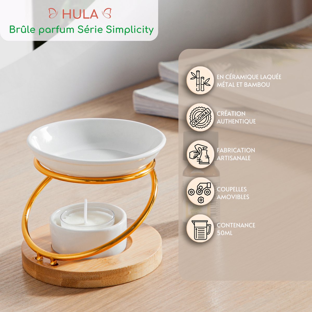 Simplicity Series perfume burner - Hula - Metal, Lacquered Ceramic and Bamboo - Gift Idea - Simple Modern Decoration