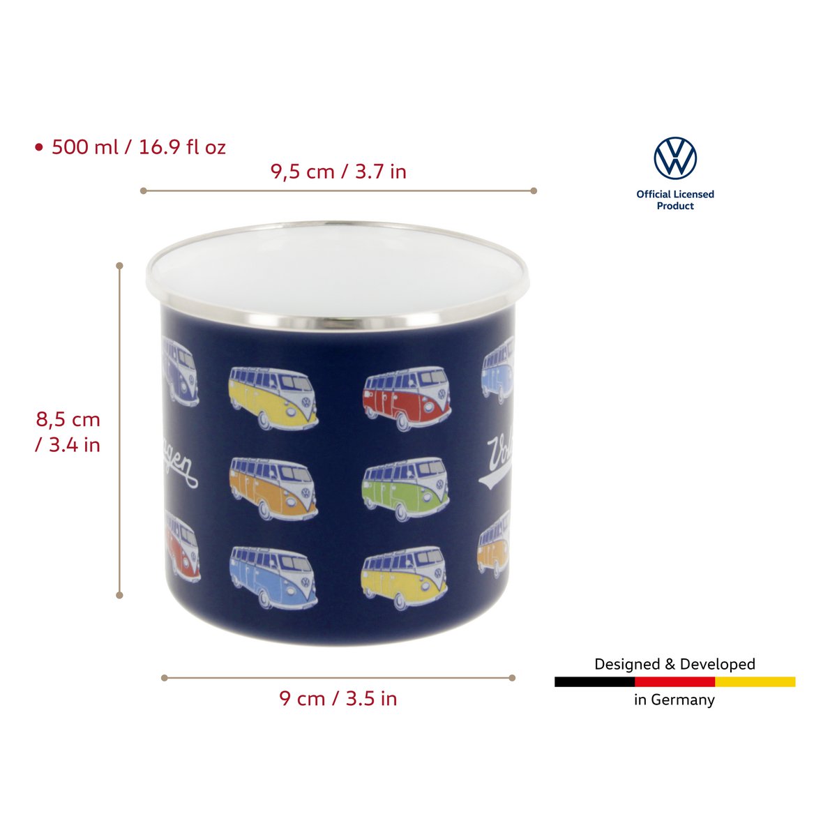 Volkswagen VW T1 Bus Emaille-Tasse, 500 ml, in Geschenkbox – Bus Parade/Blau