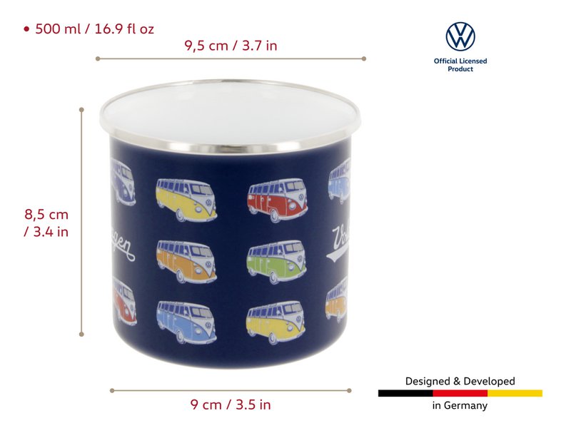 Volkswagen VW T1 Bus Emaille-Tasse, 500 ml, in Geschenkbox – Bus Parade/Blau