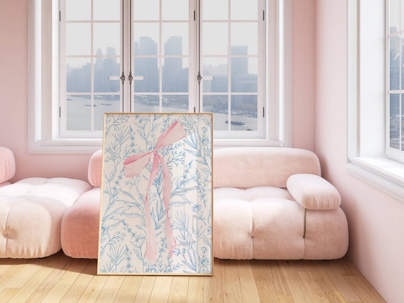 Roze en blauwe strikprint, meisjesboogposter, roze toile kunst, roze meisjeskamerposter, meisjeskwekerijposter