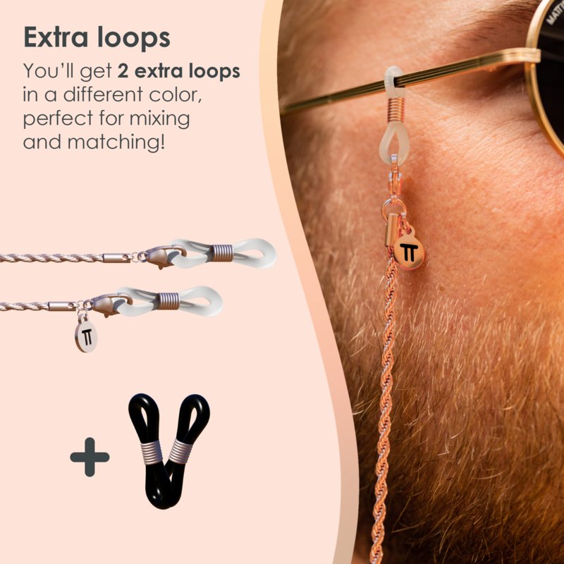 Glasses Cord Woven Rose Gold — 100% Stainless Steel & Unisex Eyewear Cords for Women and Men — Glasses Chain with Extra Loops — Brillenkoord Brillenband Brillenkette Cordon de Lunettes Cordón Para Gafas
