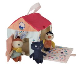 A colorful, plush rabbit-themed baby mobile and music box with various soft animal toys inside, including a rabbit, cat, and other stuffed animals.