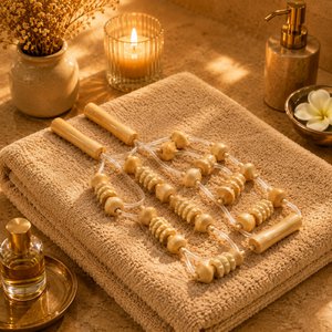 Wooden Massage Strap - Anti-Cellulite Draining Massager - 10 Stimulation Zones - Manual Back and Body Muscle Massager