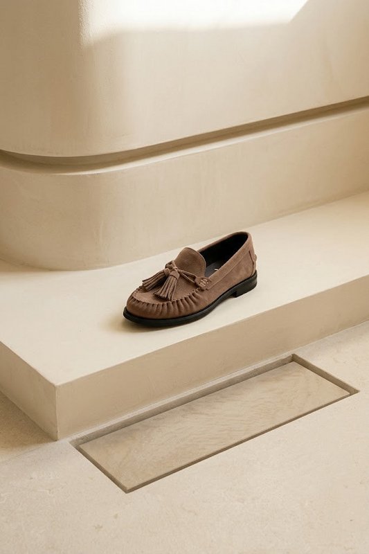 VINCI TAUPE – Mocassins en Daim à Franges et Pompons