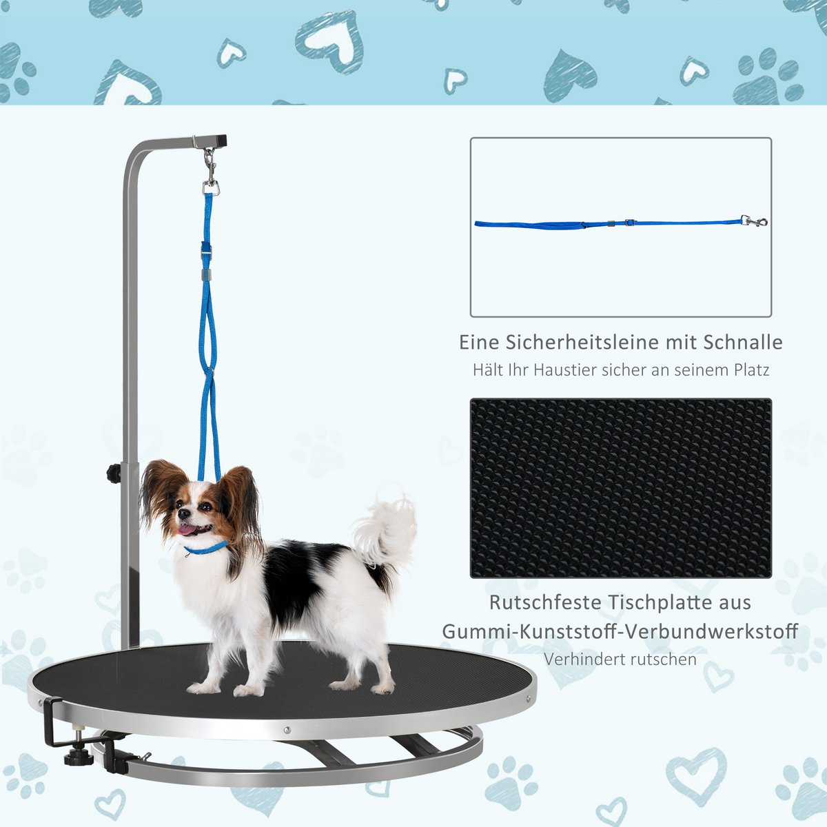Trimming table for dogs, dog grooming table, foldable, pet grooming table with height-adjustable boom, slings, non-slip surface, shearing table up to 150 kg, 91.5 x 61.5 x 76 cm, black