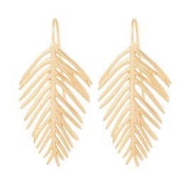 Elegant gold-tone statement earrings featuring a feather-like design with multiple layers of textured metal leaves.