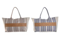 Striped tote bag, blue and beige stripes, woven texture, large capacity, dual handles, casual style.