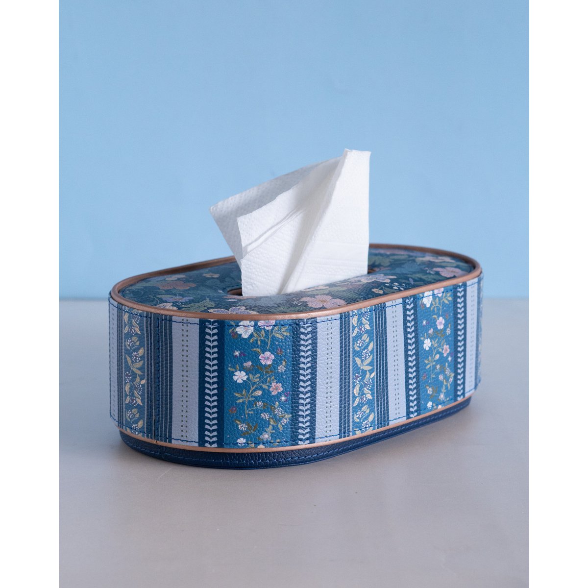 Vegan Leather Oval Tissue Box - Floral-Patterned Top