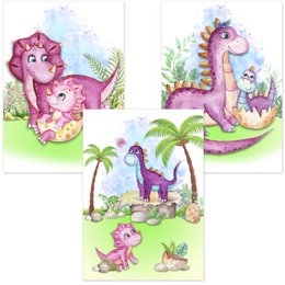 "Colorful dinosaur-themed poster set featuring vibrant illustrations of various dinosaur species in a lush, tropical environment. Ideal for decorating a child's bedroom or playroom."