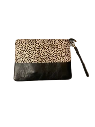 Leopard print clutch with black leather trim. Compact and stylish accessory for any occasion.