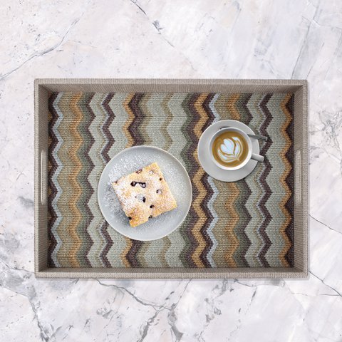 Rectangular tray with brown zigzag pattern and handles