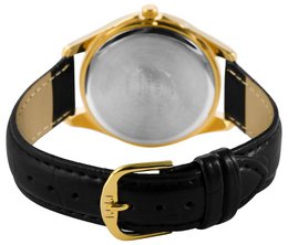 Q&Q men's watch with imitation leather strap, black/gold, 3 bar