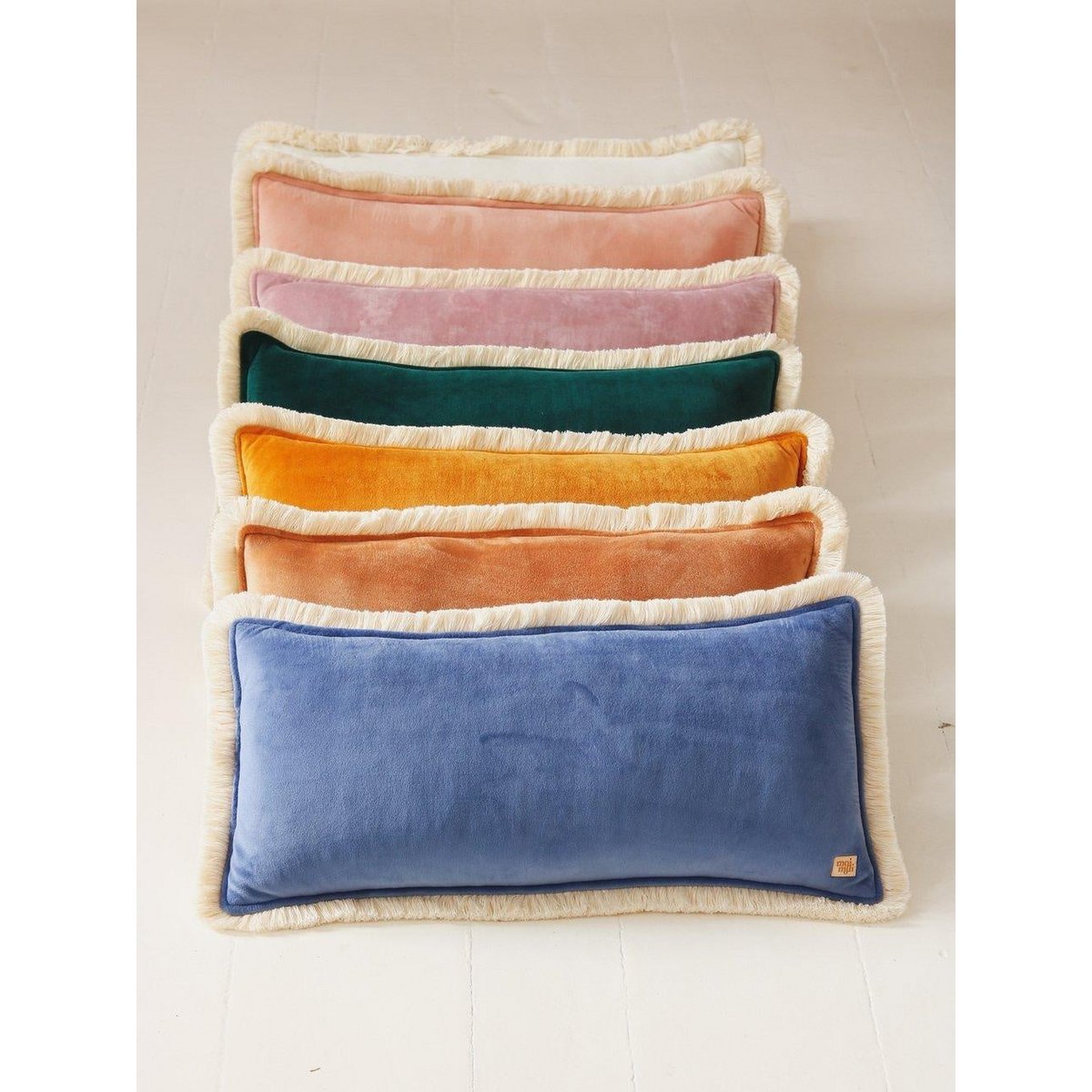 "Mustard" soft velvet bolster with fringe