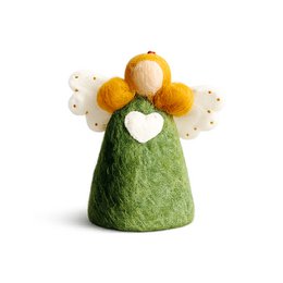 Green felt angel with golden yellow pom-pom hair, white heart cutout, cream wings, decorative figurine.