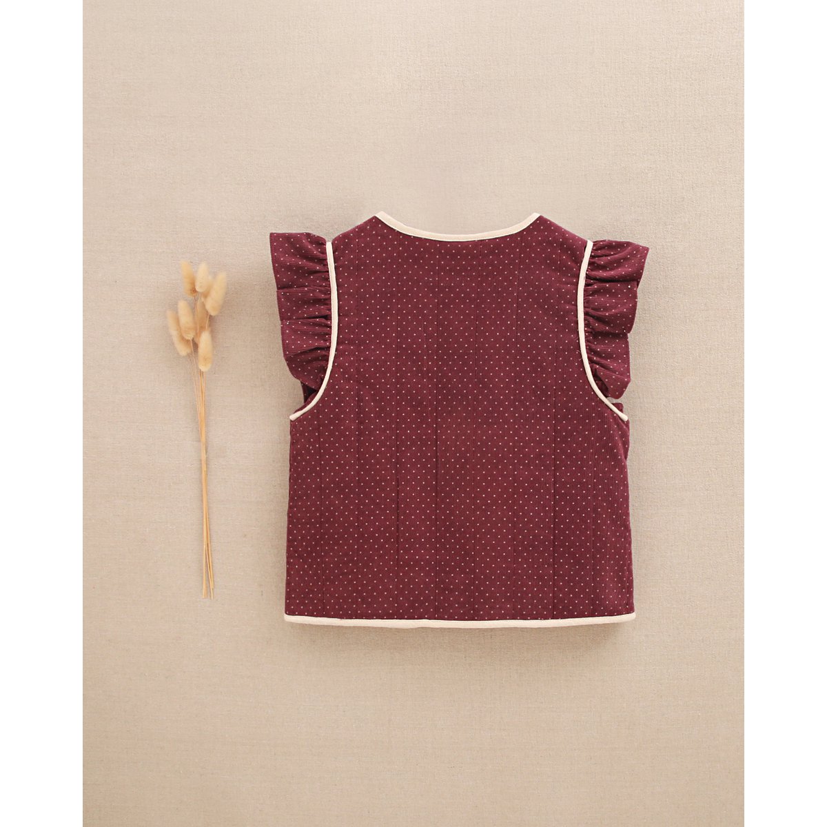 Meisjesvest met paarse ruches en beige stippen P73-11604091