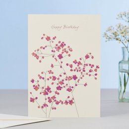 A birthday card featuring a floral design with pink and purple flowers arranged in a scattered pattern against a light beige background. The text "Happy Birthday" is printed at the top of the card.