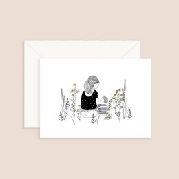 Card Vegetal Break - Achteraanzicht Zittende vrouw kijkt naar haar dochter roze top of zoon gestreepte blauwe top en planten