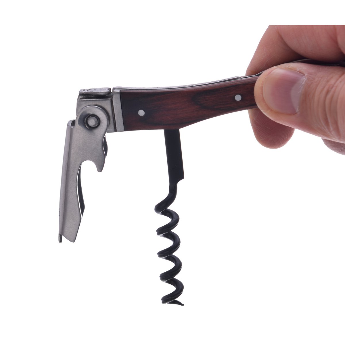 Laguiole vinopsamlingskasse, 4 tilbehør, proptrækker, prop, termometer, hældebeholder med prop, Pakka og rustfrit stål, sort