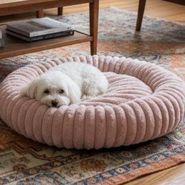  Round plush pet bed, soft teddy bear design, grey brown green pink, cozy warm cradle-style for cats dogs rabbits