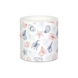  A round, tall pillar candle with a white wax base and a decorative pattern of seashells, starfish, and other marine life printed on the surface.