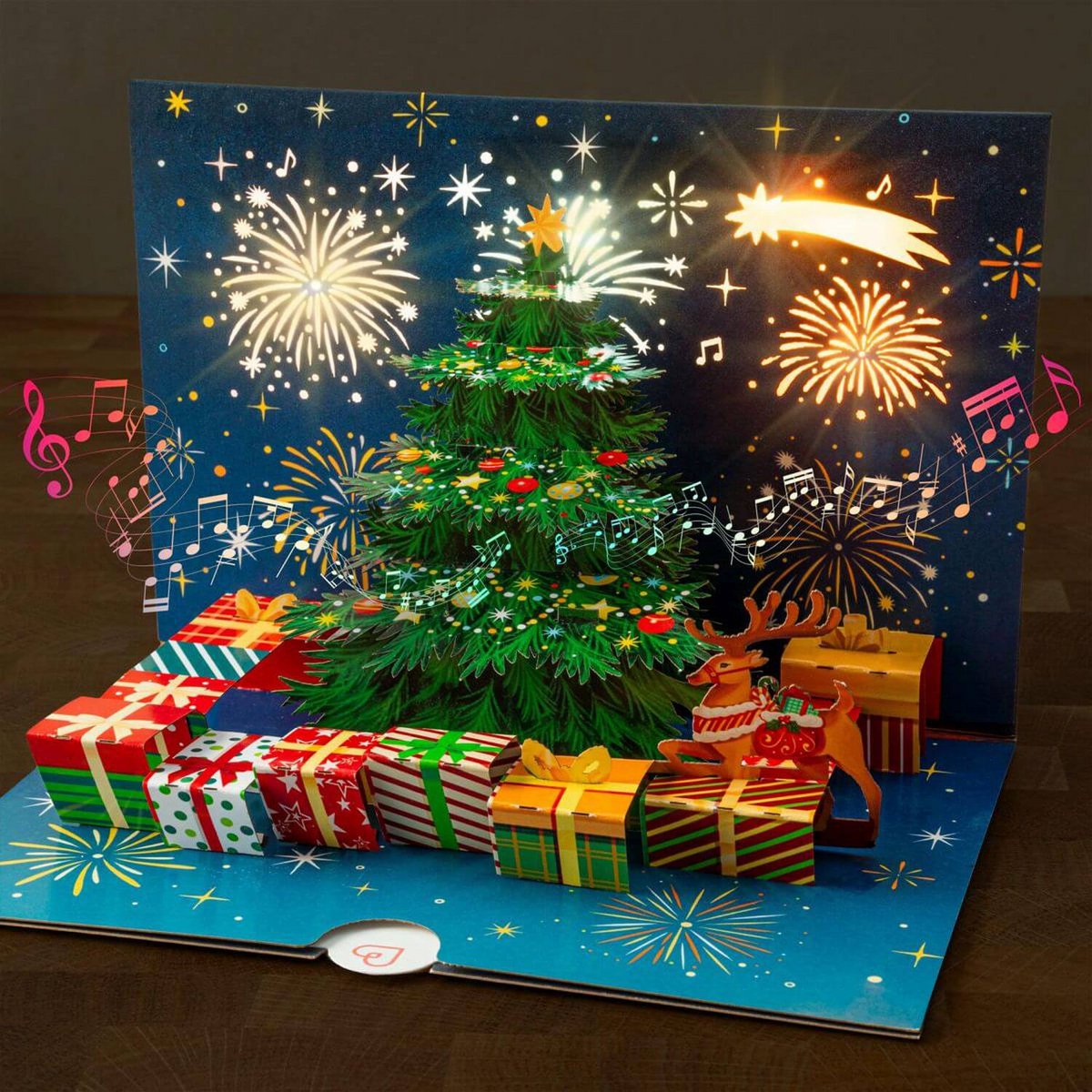 Biglietto pop-up con albero di Natale con musica e luci