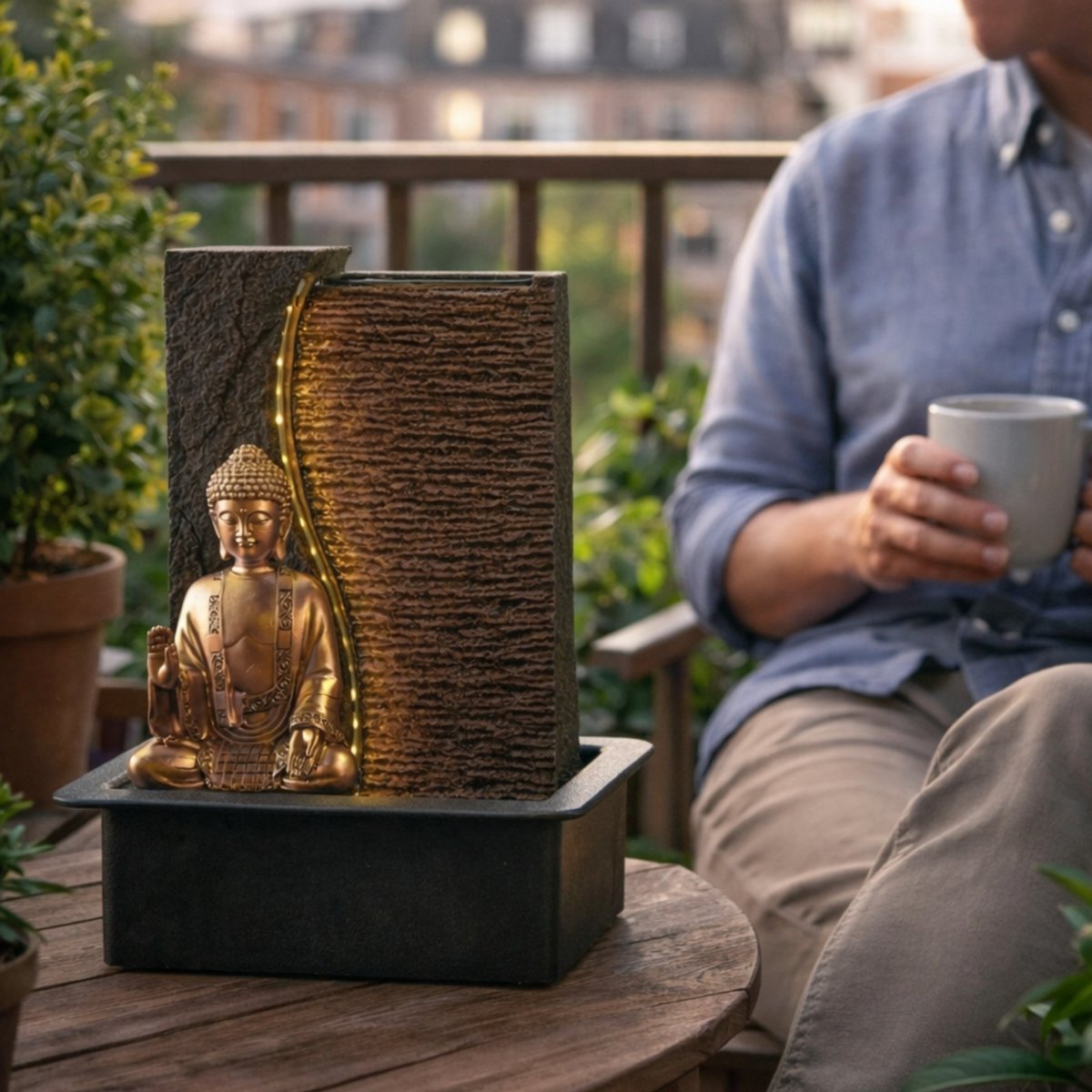 Zimmerbrunnen – Jati – abnehmbare Buddha-Statue – weißes LED-Licht – Zen und entspannende Atmosphäre – einfach zu bedienen