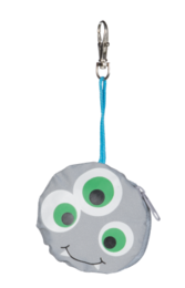 Keychain featuring a cute, round monster design with large, expressive green eyes and a playful expression. The keychain is made of soft, plush material in shades of gray and blue, with a metal clasp for easy attachment to bags, keys, or other items.