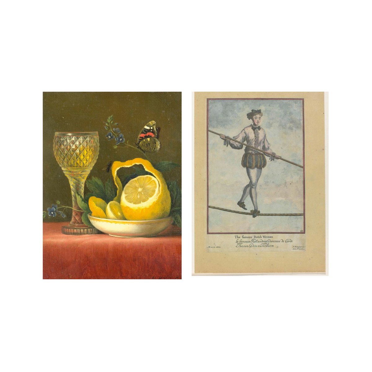 Collage de postales de la colección del Museo - limón caminando por la cuerda floja