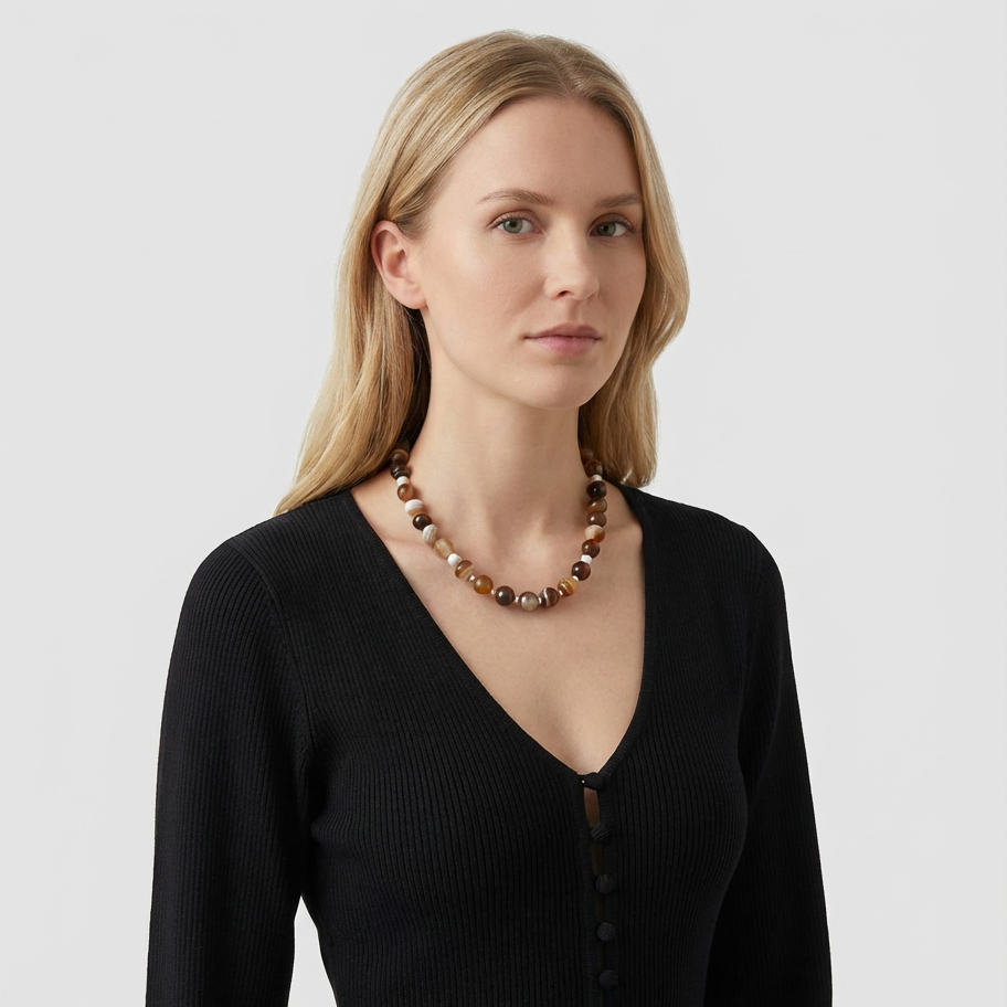Collar de perlas y ónix latte - Joyería de piedras preciosas con cuentas de 12 mm