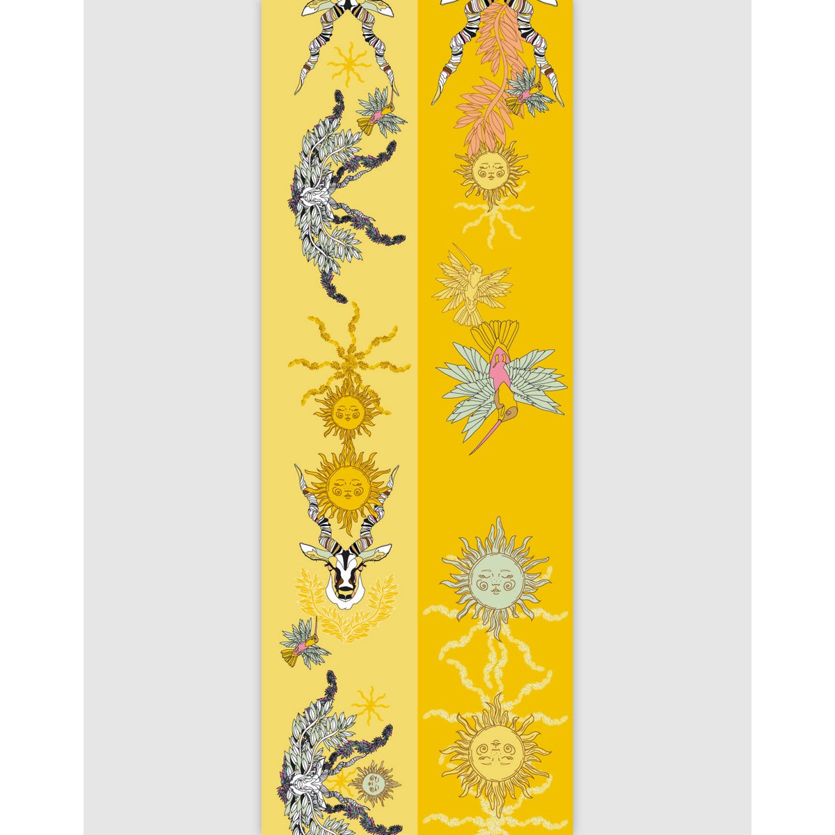 Virginieriou - Correa del hombro telefónico "Los Shamels of the Sun" - 100% de sarga de poliéster reciclada - Animales amarillos / tótem - 128 cm x 5 cm