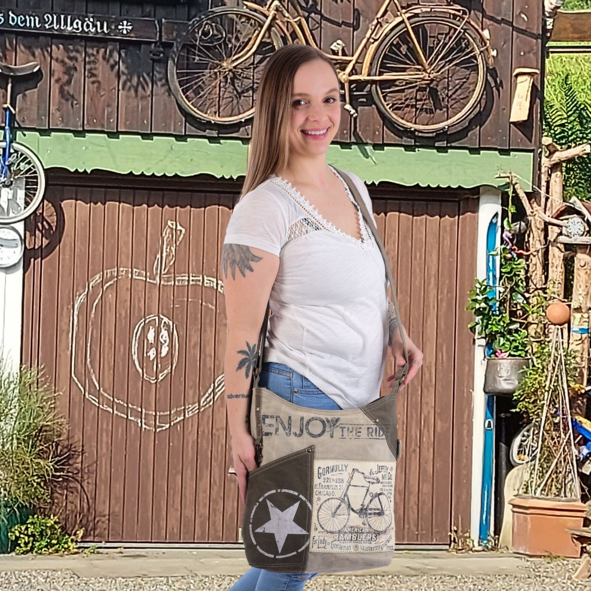Damska torba na ramię Sunsa. Torebka wykonana z płótna (płótna) i skóry. Torba na ramię w stylu vintage. Duża torba na ramię dla kobiet.