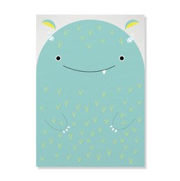 Colorful postcard with a smiling monster illustration and a simple design. Suitable for sending greetings or as a decorative item.