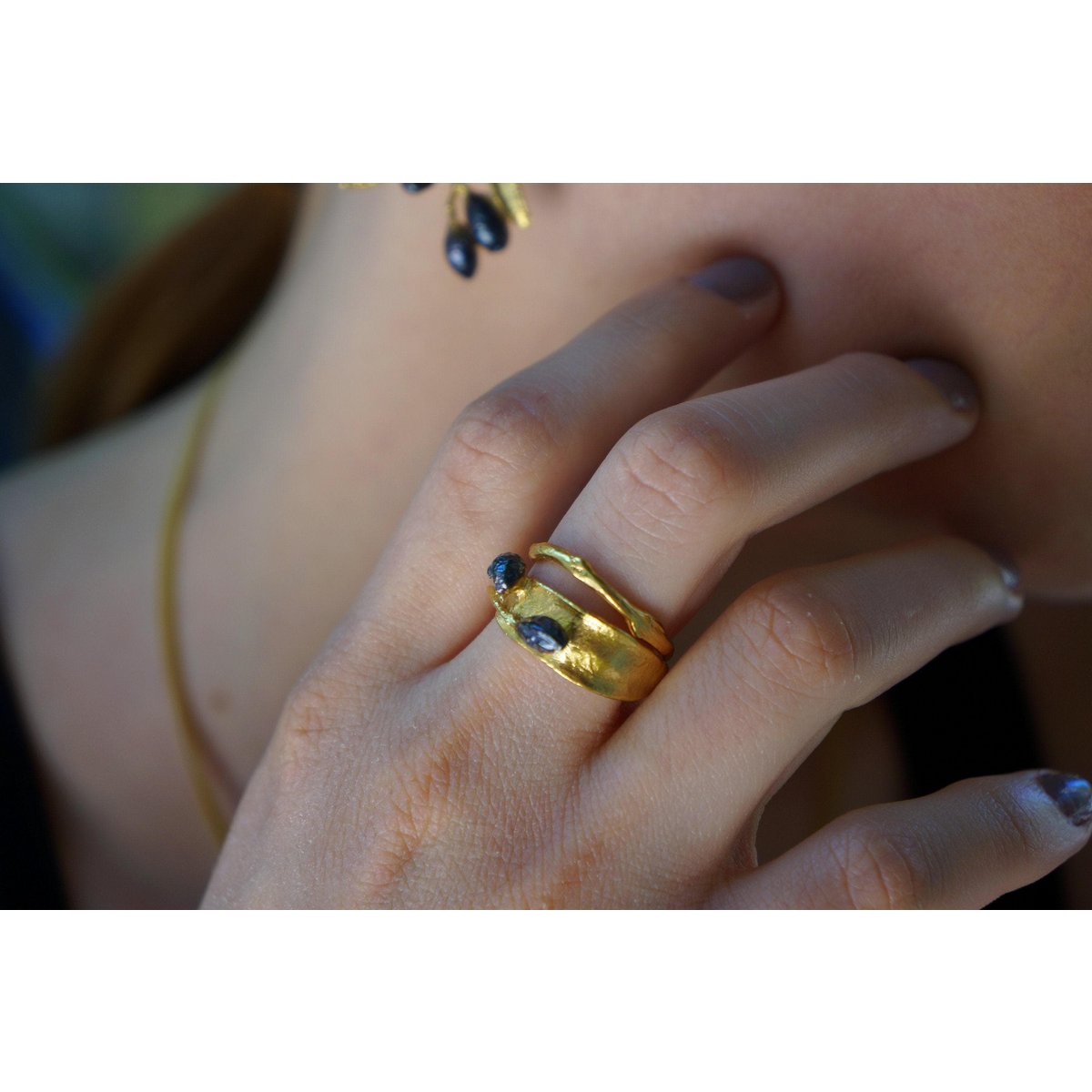 Nature-Inspired Olive Leaf Ring, Adjustable Gold-Plated Brass Band (Women’s Size)
