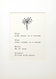 A5 card with inspirational text and a simple dandelion illustration. The text reads "If life is like water in a stream, then like clouds in a dream, we all come and go, and follow with peace."