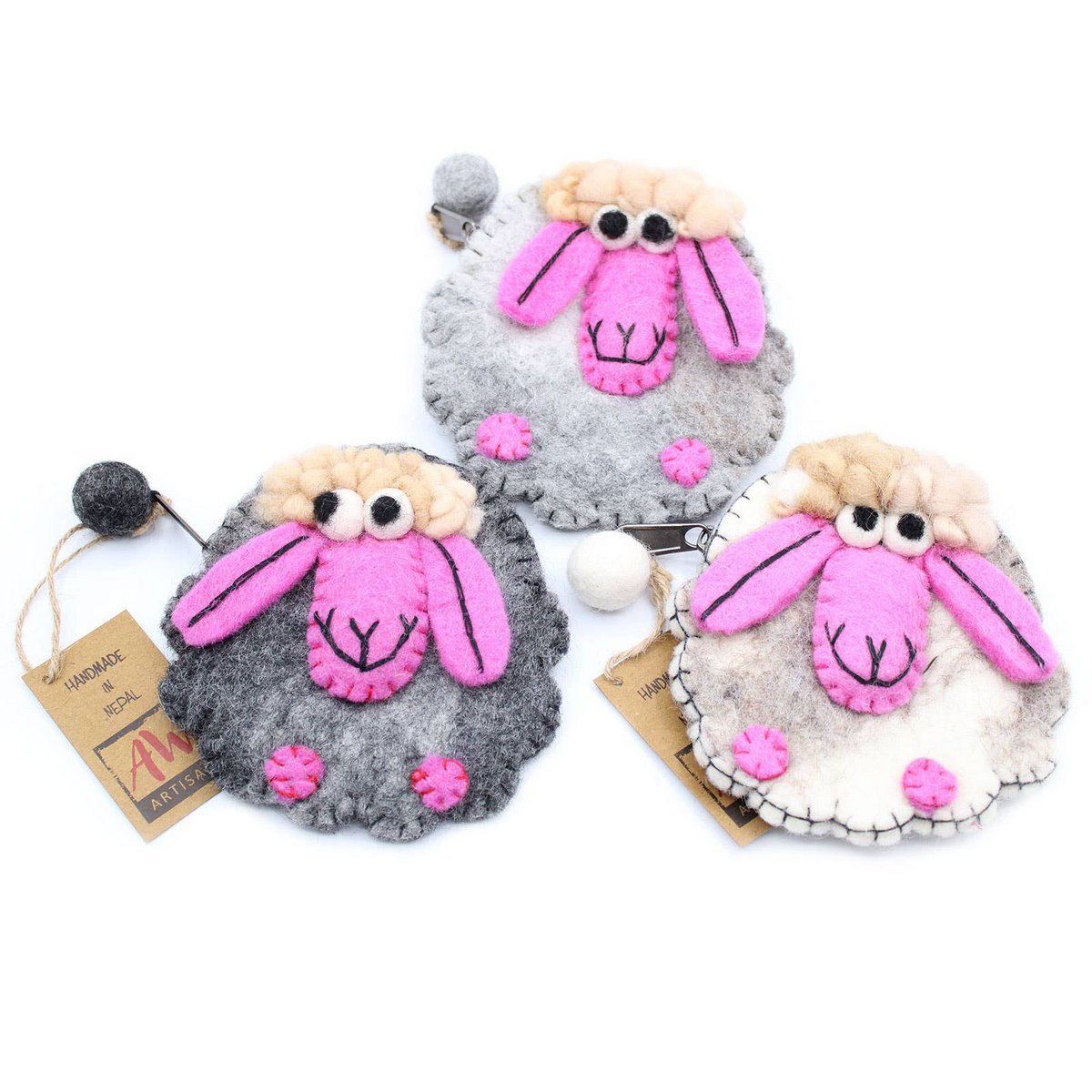 Pochette zippée en feutre naturel (asst) - Happy Sheep